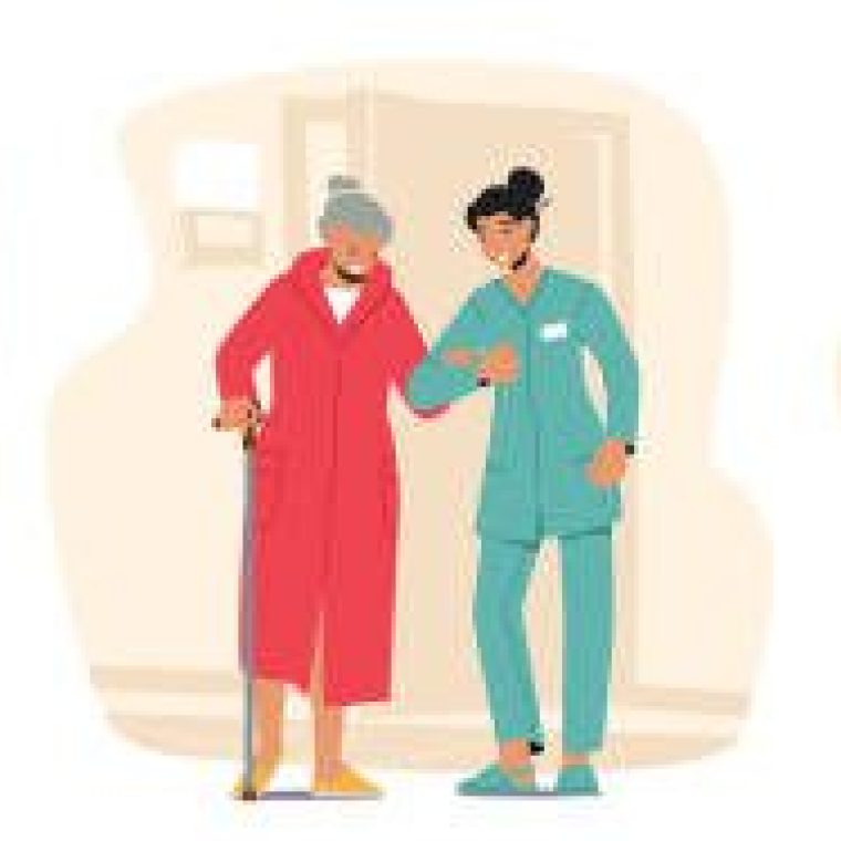 Set Medical Care of Elderly People Concept. Medics Help Old Disabled People in Nursing Home or Clinic. Social Workers Care of Sick Seniors on Wheelchair, Nurse Service. Cartoon Vector Illustration